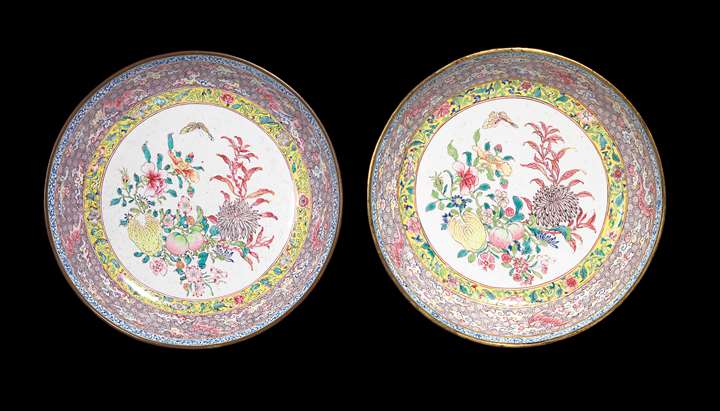 Pair of chinese painted enamel saucer dishes, canton imperial workshop